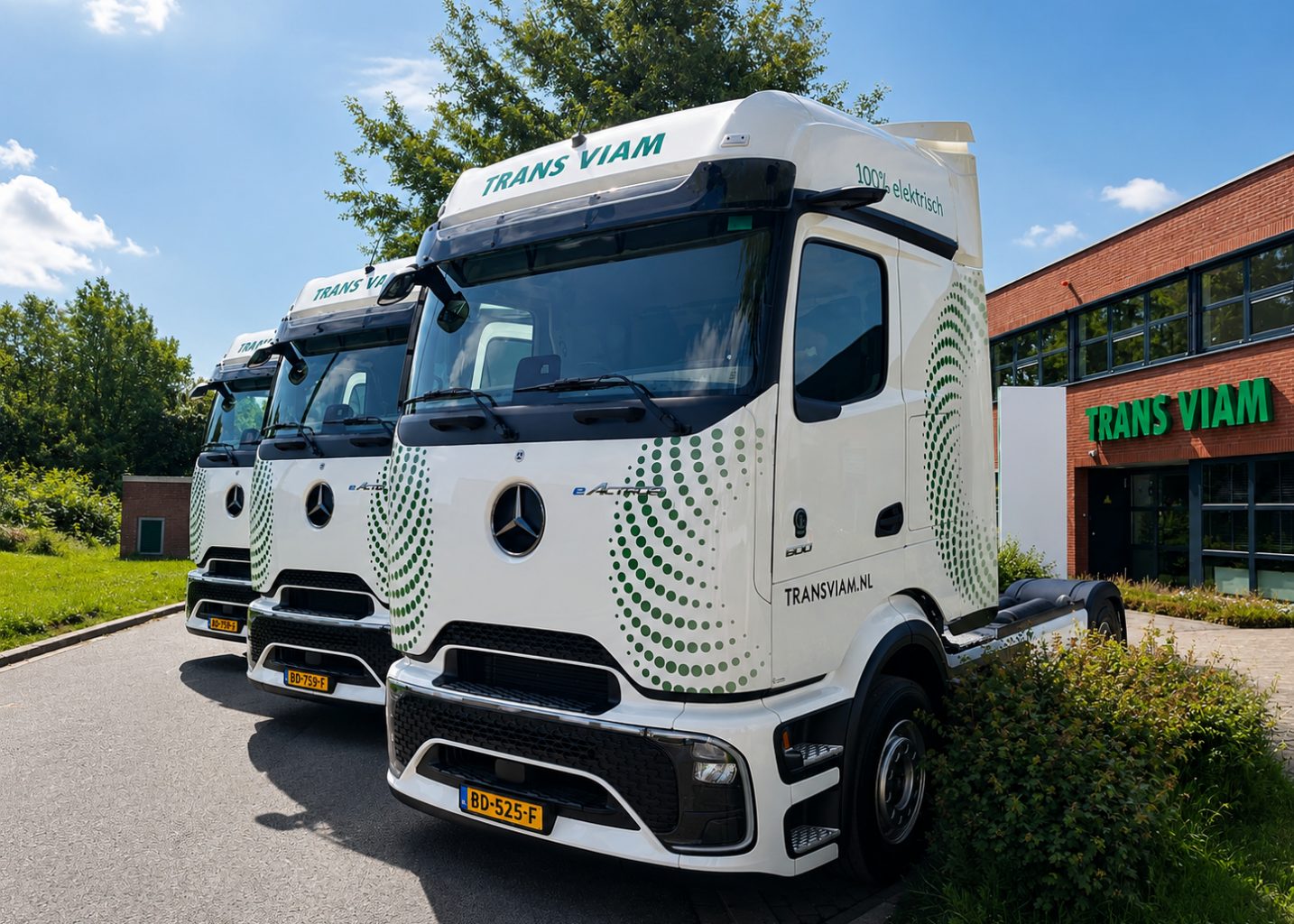 Drie volledig elektrische trekkers van Trans Viam voor het bedrijfspand
