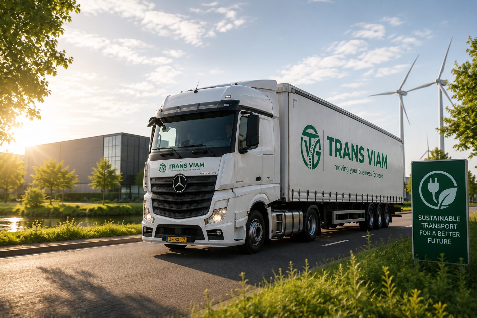 Trans Viam-trekker met oplegger op weg langs windturbines