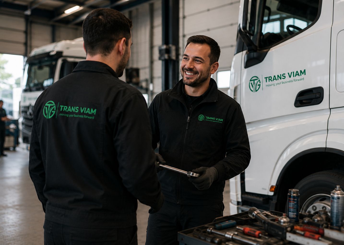 Twee monteurs van Trans Viam in gesprek in de werkplaats
