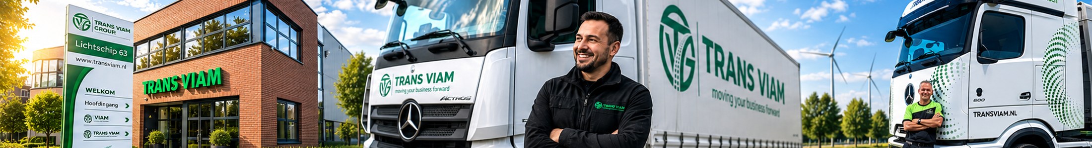 Chauffeurs van Trans Viam bij hun trekker voor het pand aan de Lichtschip in Houten, met de welkomstzuil ernaast