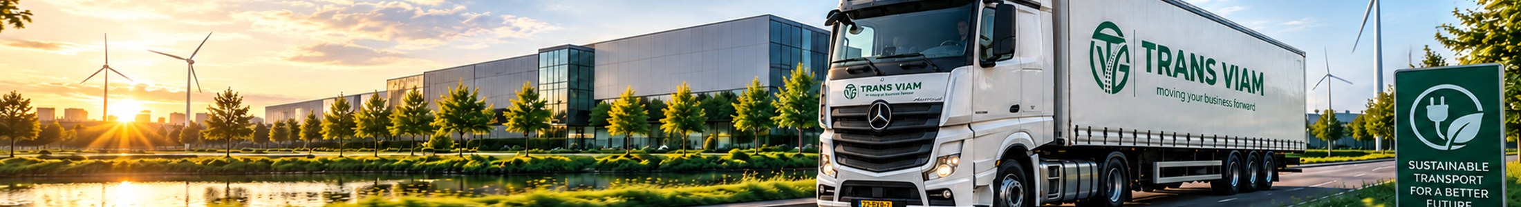 Trekker met oplegger van Trans Viam op de weg langs windmolens, met het bedrijfspand op de achtergrond