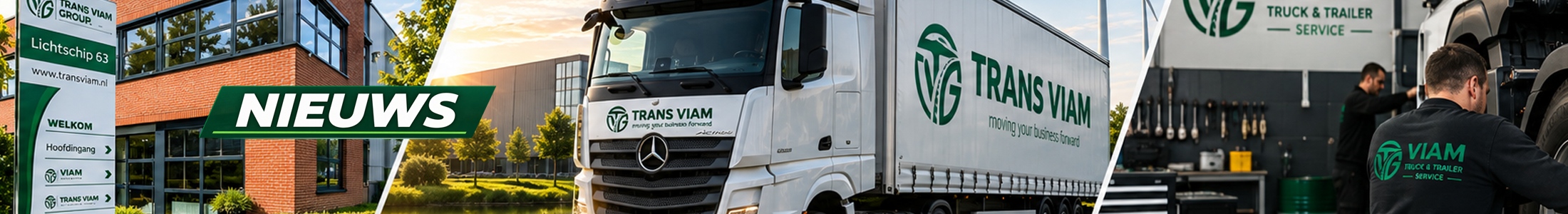 Nieuws — het pand aan de Lichtschip, een trekker met oplegger van Trans Viam en de werkplaats van Viam Truck & Trailer Service