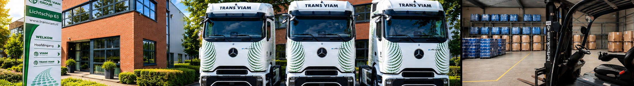 De welkomstzuil bij het pand aan de Lichtschip, drie elektrische trekkers van Trans Viam en het magazijn met een heftruck