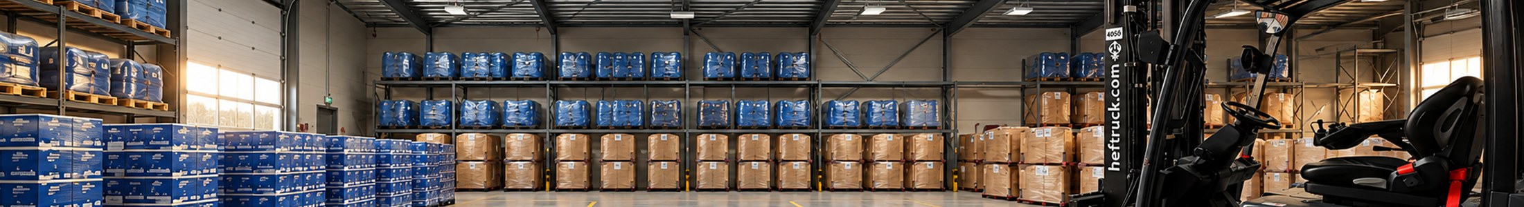 Magazijn in Houten met gevulde stellingen, gestapelde pallets en een heftruck