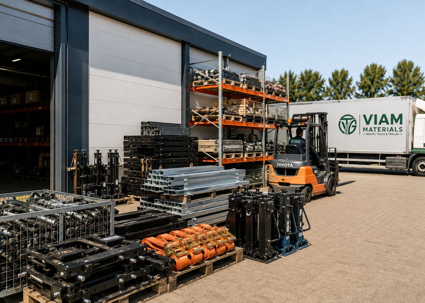 Trucks, trailers en onderdelen klaar voor verhuur en verkoop bij het pand in De Bilt