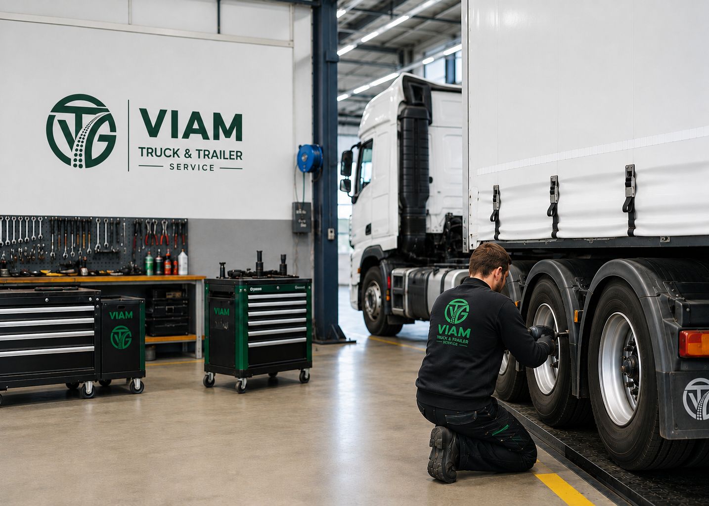 Monteur van Viam Truck & Trailer Service aan het wiel van een oplegger