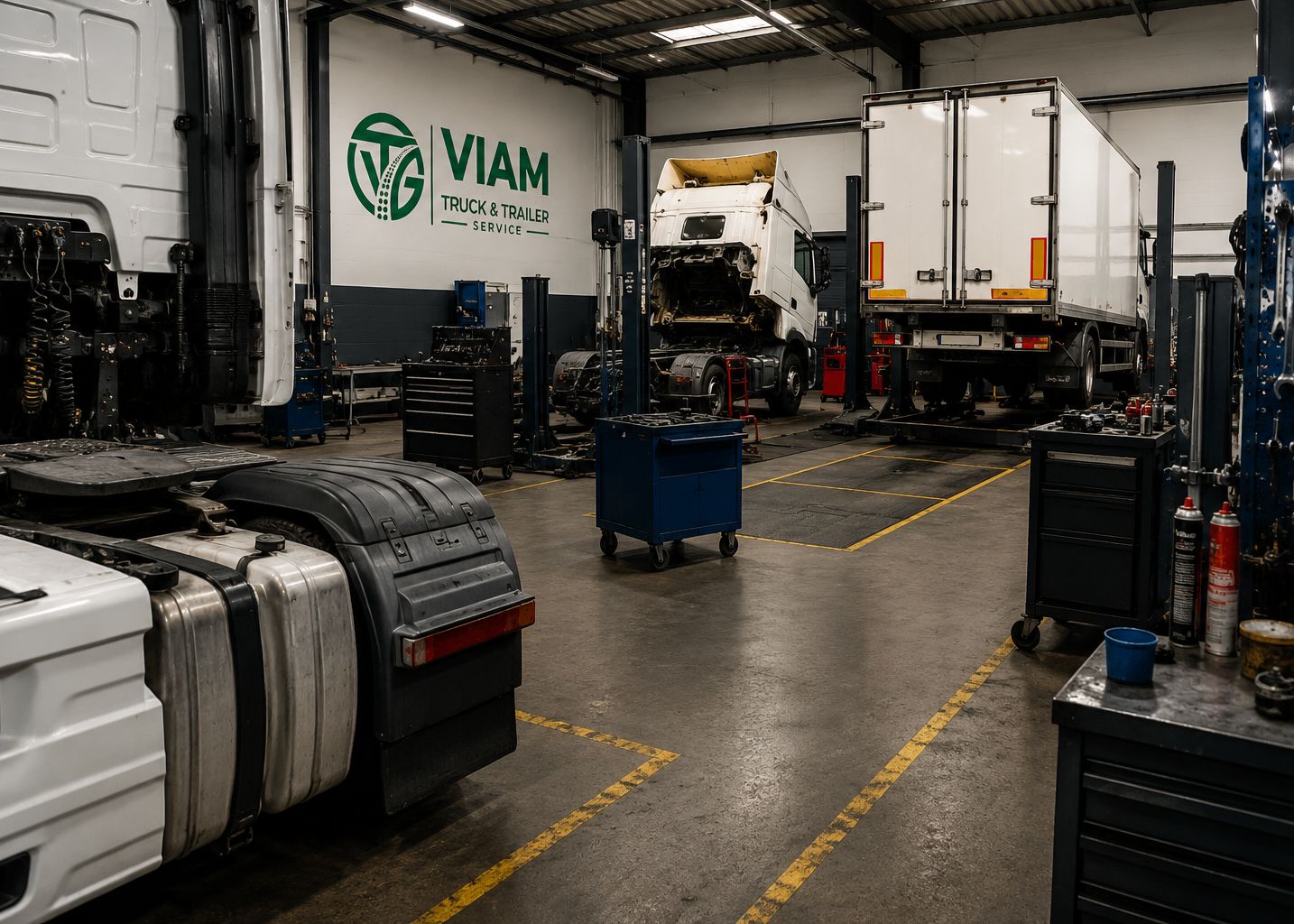 Werkplaats van Viam Truck & Trailer Service in De Bilt met trucks op de brug