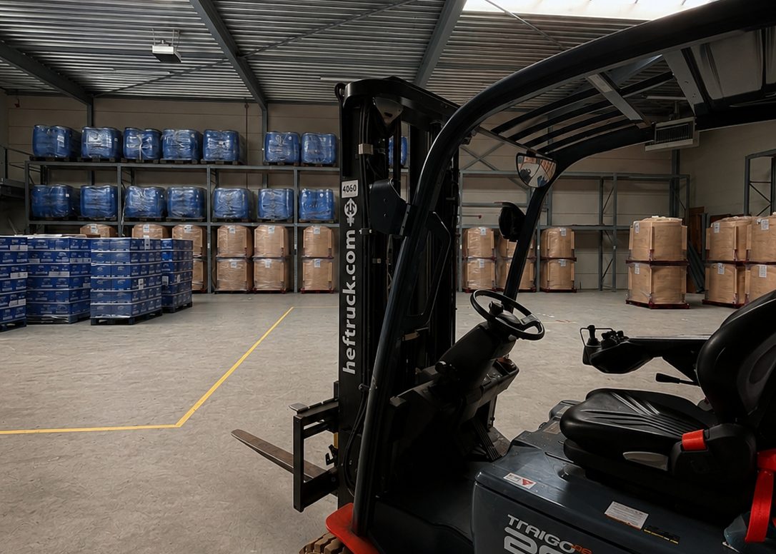 Heftruck in het magazijn tussen gevulde stellingen en pallets