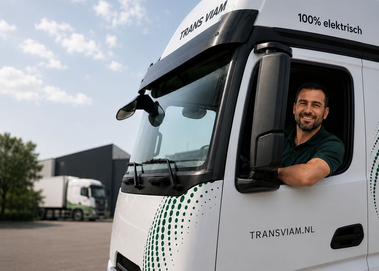 Chauffeur van Trans Viam in de cabine van een elektrische trekker