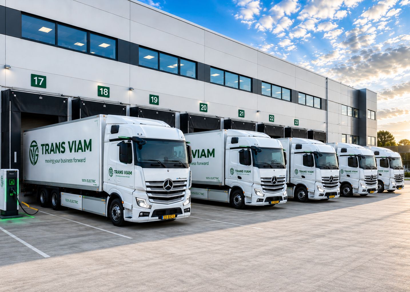 Trekkers met (koel)trailers van Trans Viam aan de laaddocks in Houten